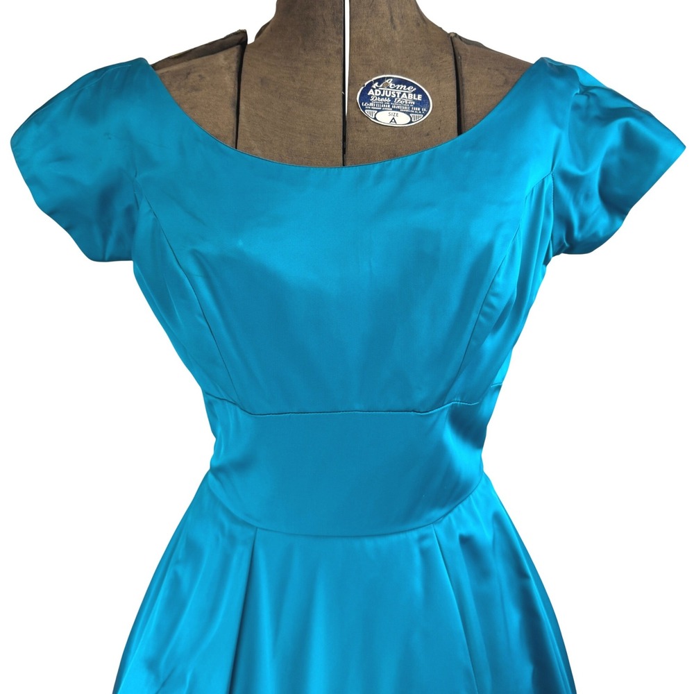 Vintage Teal Blue 50's Dress Womens (S) Satin Bows Midi Prom Rockabilly ILGWU - Picture 3 of 7